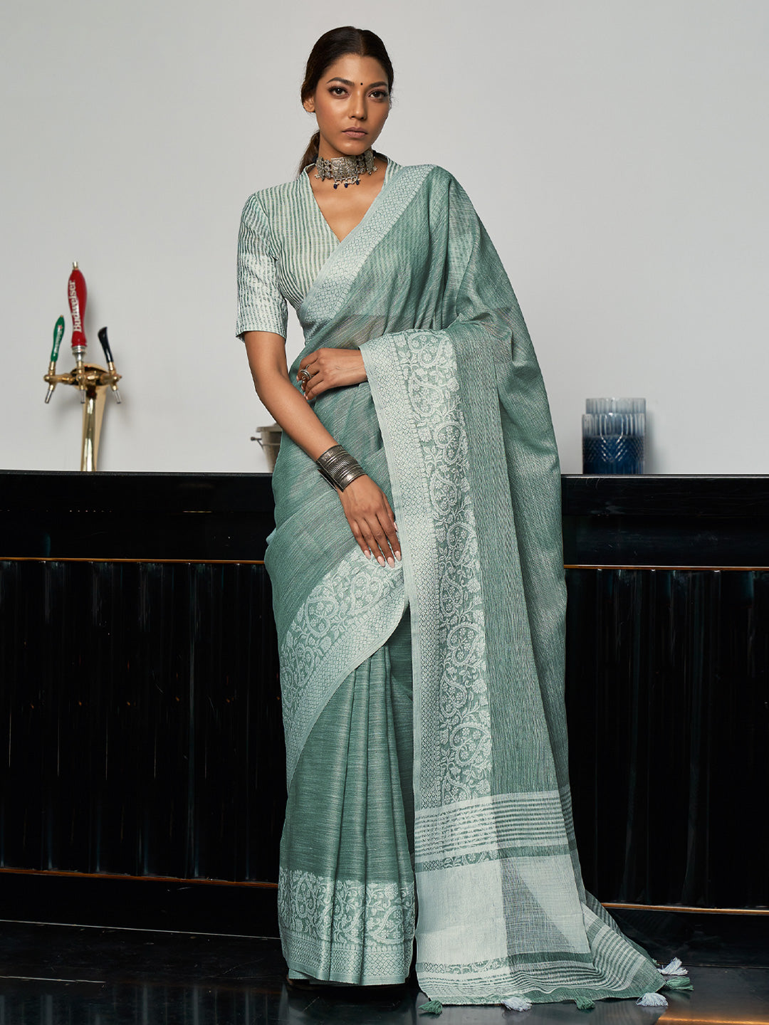 Anaita Blue Linen Zari Work Saree With Blouse | Grocsy