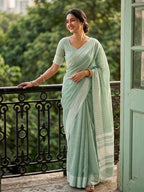 Anaita Blue Linen Zari Work Saree With Blouse | Grocsy