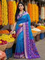 Anaita Blue Pochampally Silk Woven Saree With Blouse | Grocsy