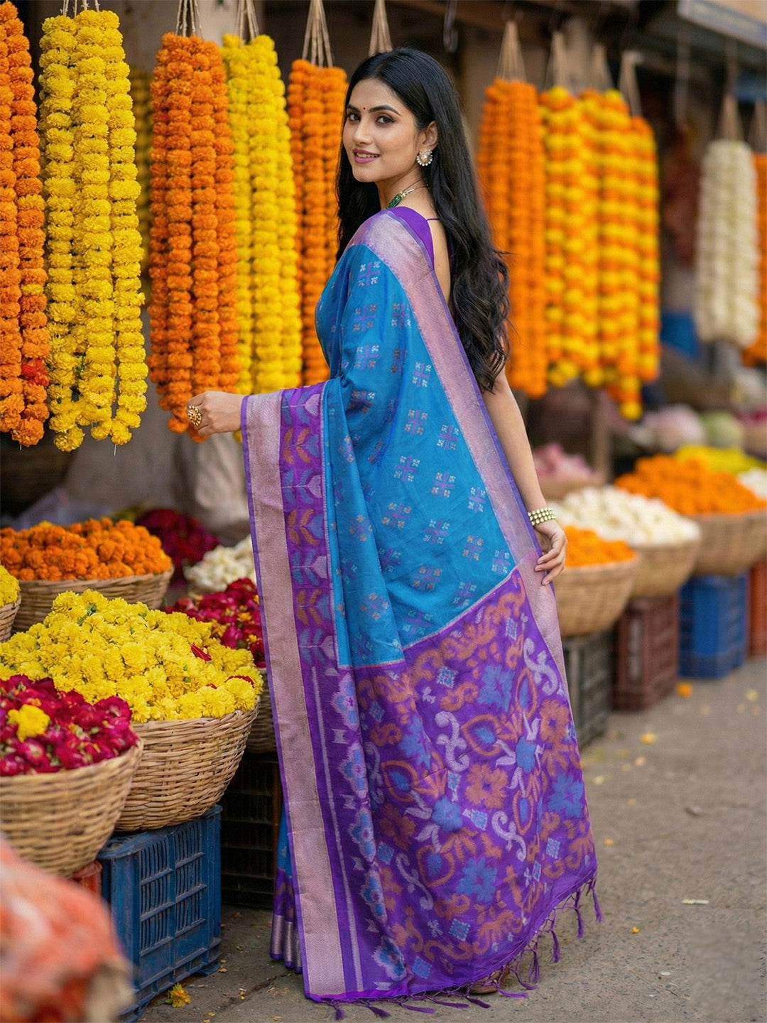 Anaita Blue Pochampally Silk Woven Saree With Blouse | Grocsy