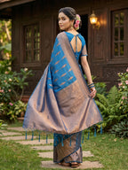 Anaita Blue Silk Blend Woven Saree With Blouse | Grocsy
