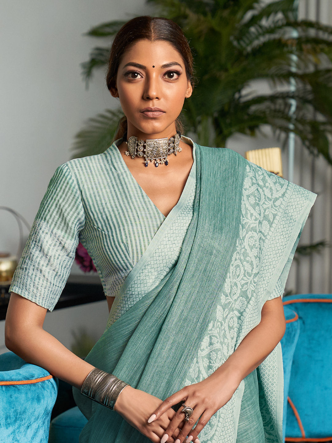 Anaita Blue Linen Zari Work Saree With Blouse | Grocsy