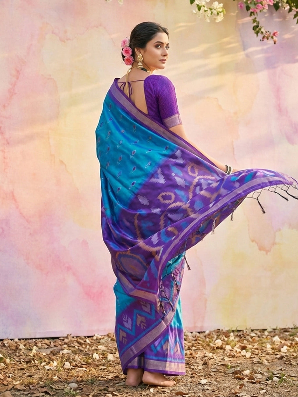 Anaita Blue Soft Silk Printed Saree With Blouse | Grocsy