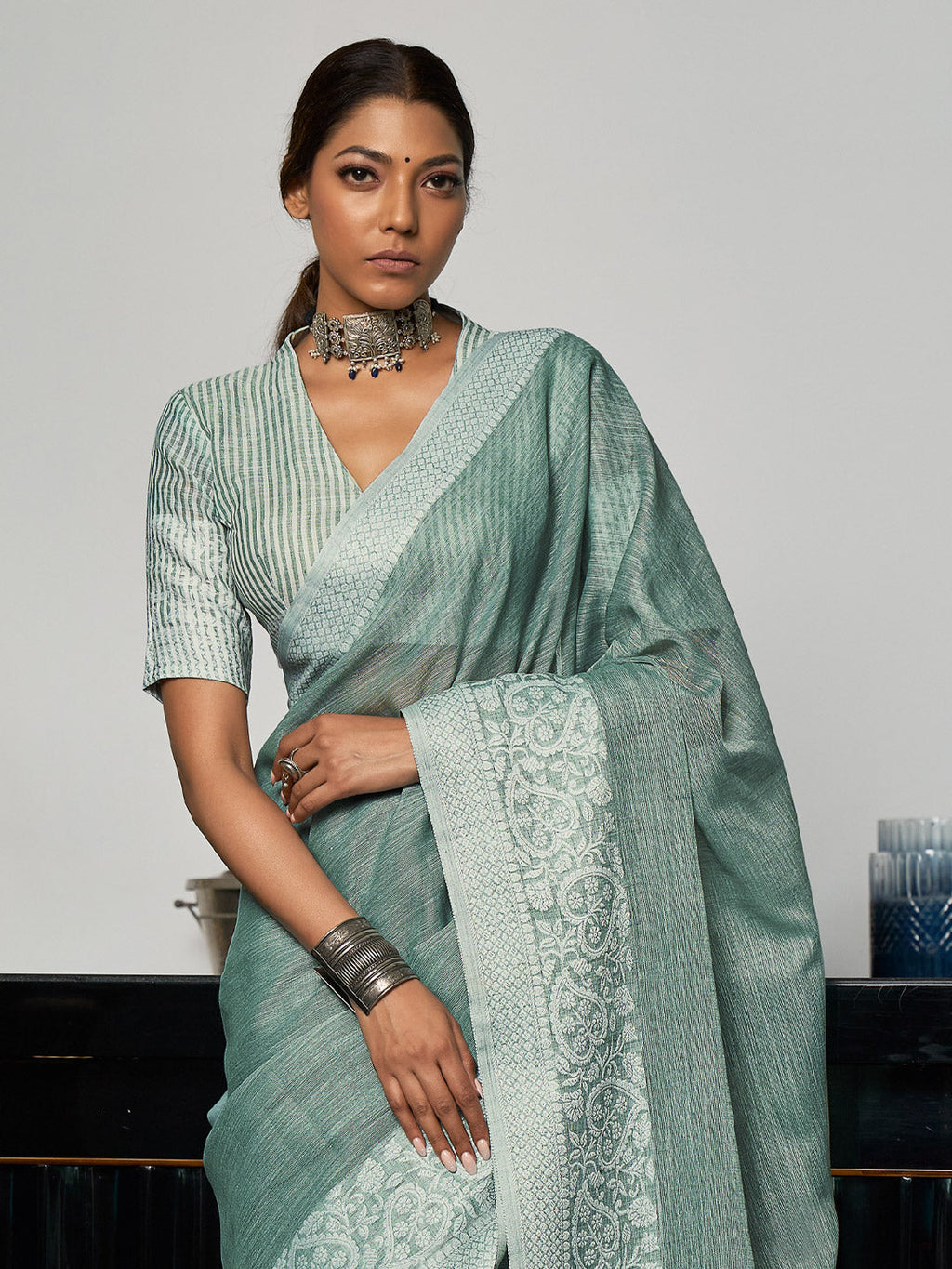 Anaita Blue Linen Zari Work Saree With Blouse | Grocsy