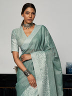 Anaita Blue Linen Zari Work Saree With Blouse | Grocsy