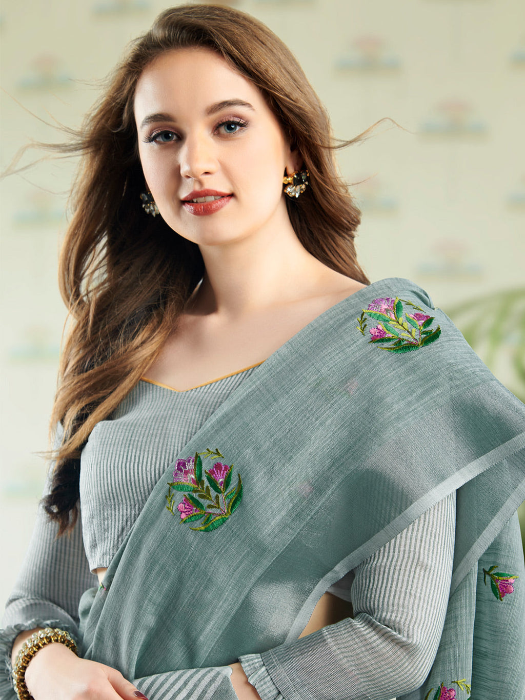 Anaita Blue Linen Embroidery Saree With Blouse | Grocsy