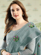 Anaita Blue Linen Embroidery Saree With Blouse | Grocsy