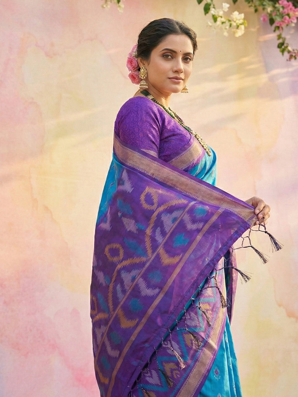 Anaita Blue Soft Silk Printed Saree With Blouse | Grocsy