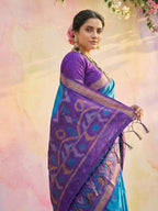 Anaita Blue Soft Silk Printed Saree With Blouse | Grocsy