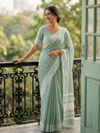 Anaita Blue Linen Zari Work Saree With Blouse | Grocsy