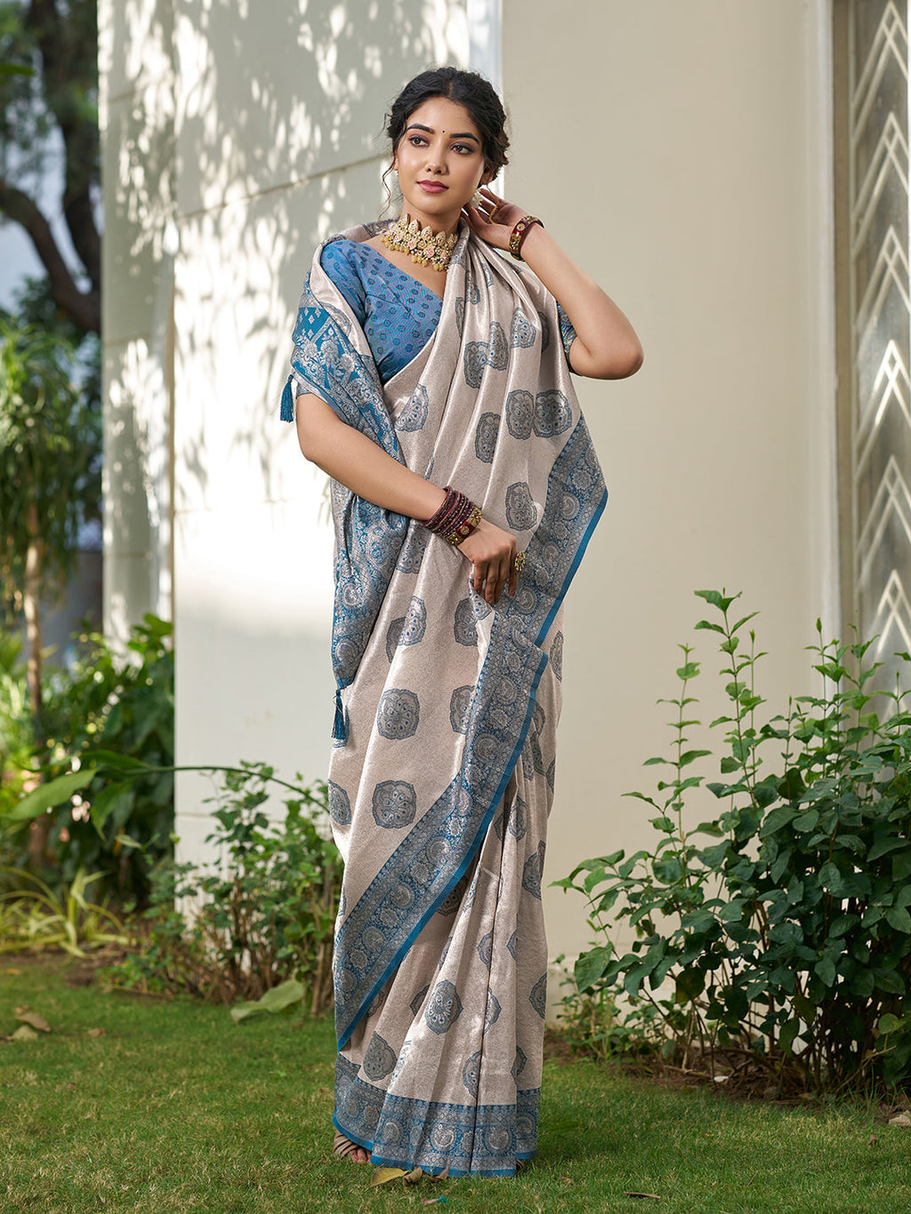 Anaita Blue Silk Blend Woven Saree With Blouse | Grocsy