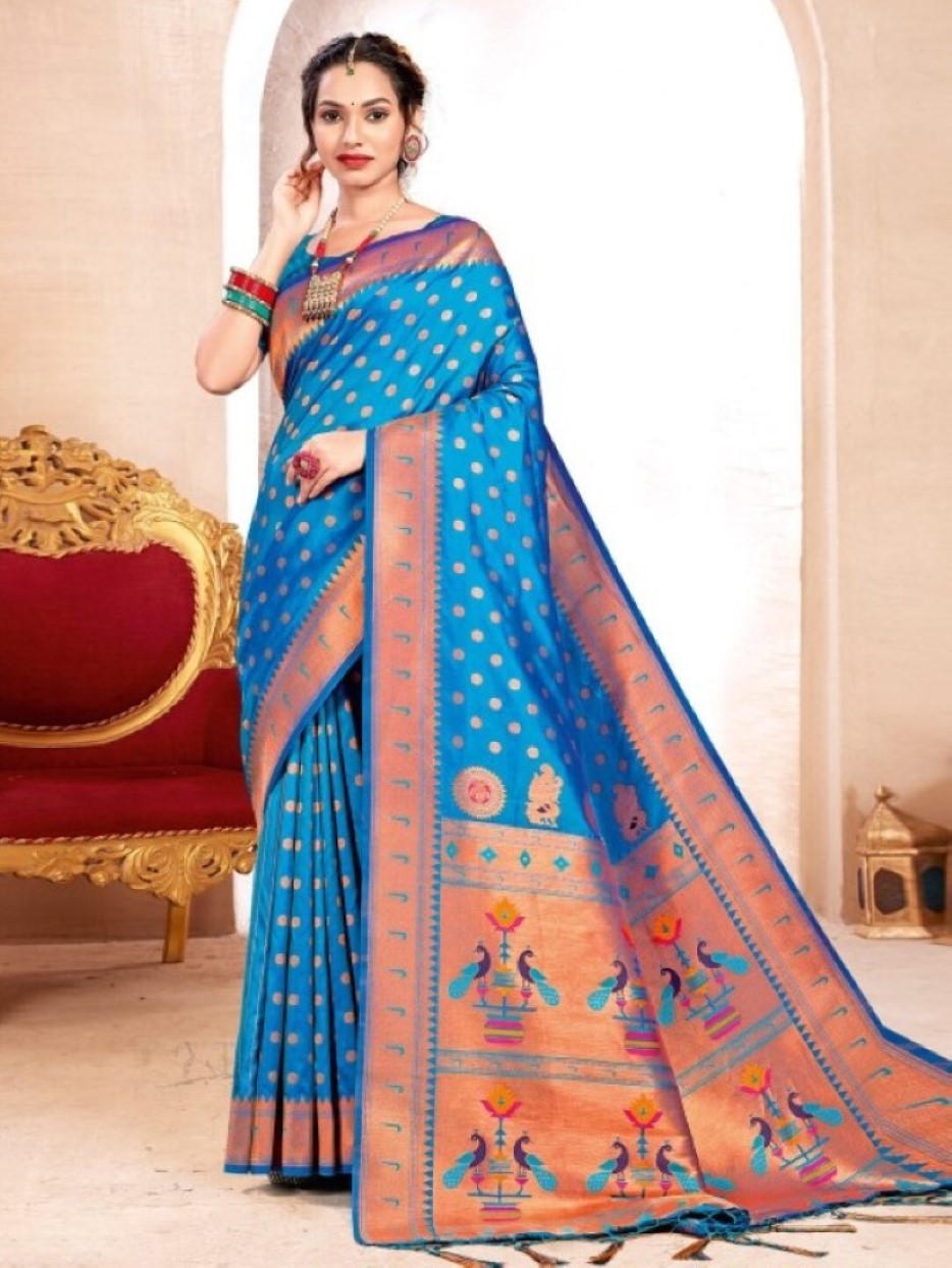 Anaita Blue Banarasi Saree With Blouse Piece | Grocsy