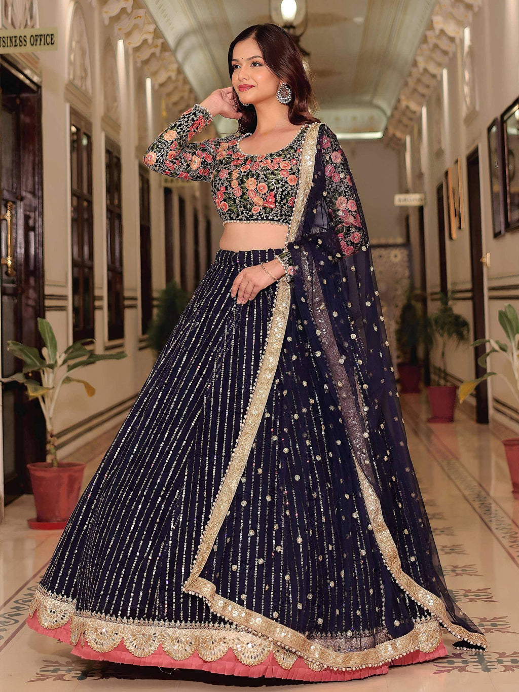 Tulsi Art Gleaming Blue Net Sequins Work Party Wear Lehenga Choli With Dupatta | Grocsy