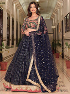 Tulsi Art Gleaming Blue Net Sequins Work Party Wear Lehenga Choli With Dupatta | Grocsy