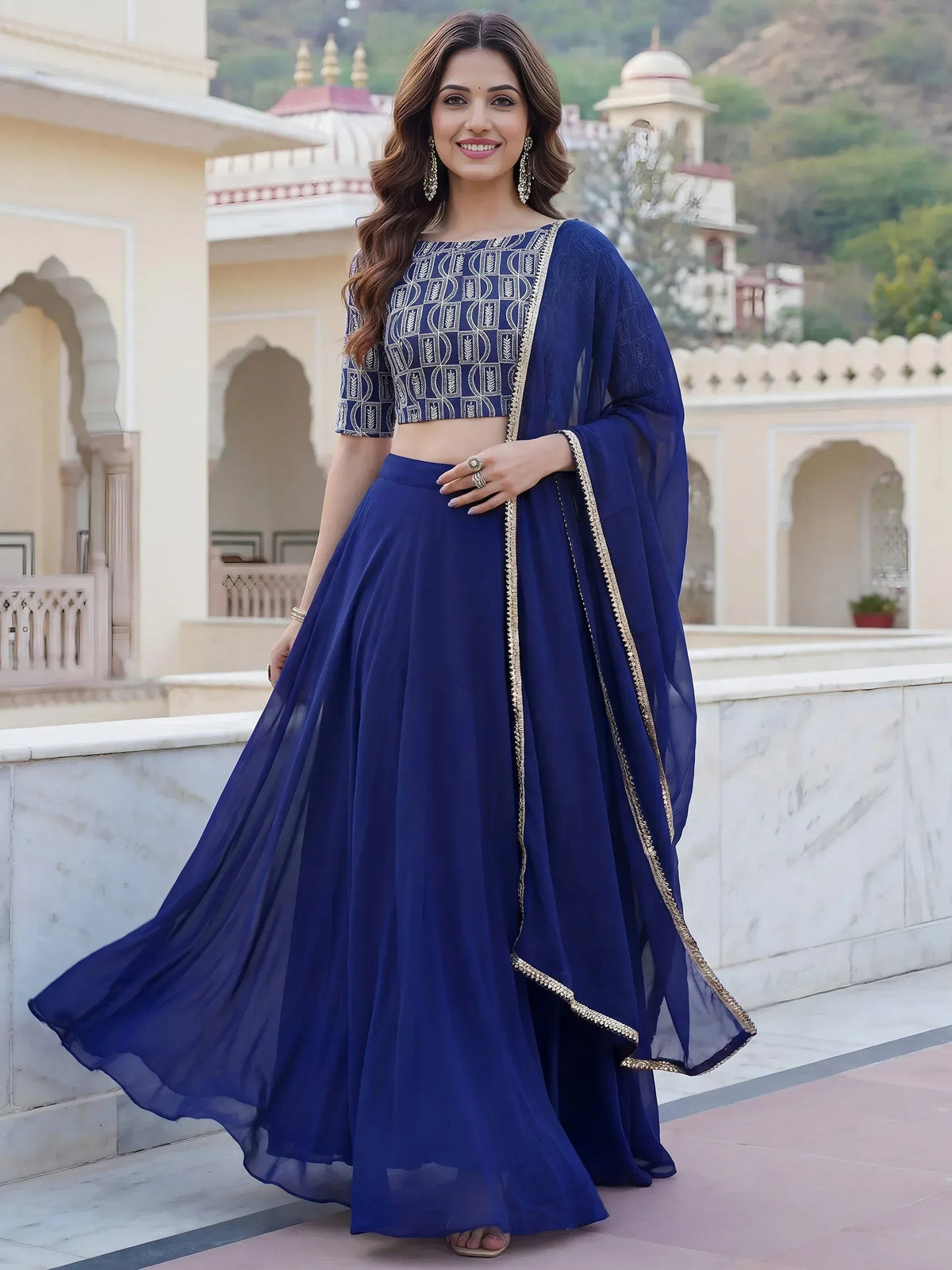 Tulsi Art Wonderful Royal Blue Embroidered Georgette Festive Wear Lehenga Choli | Grocsy