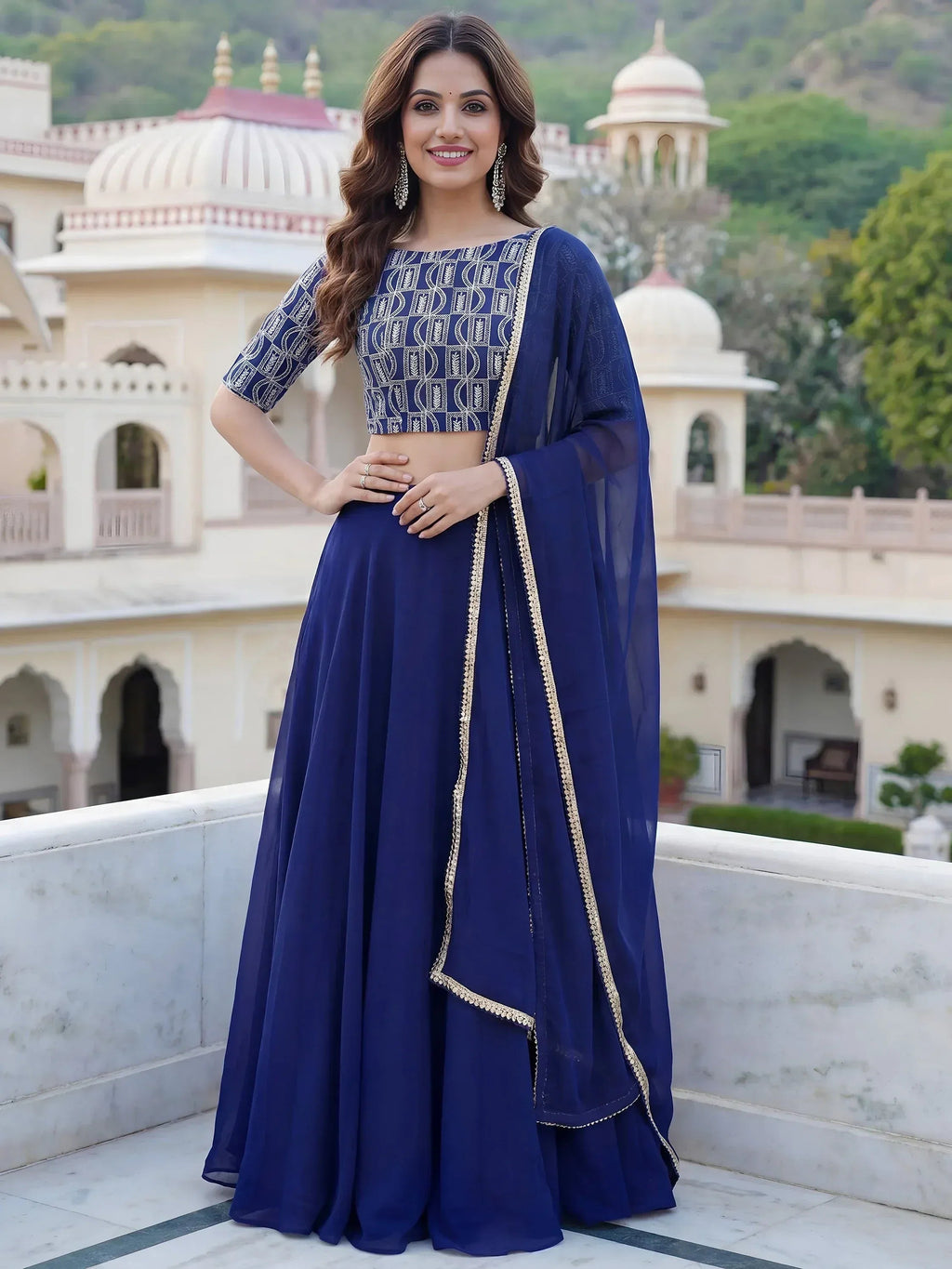Tulsi Art Wonderful Royal Blue Embroidered Georgette Festive Wear Lehenga Choli | Grocsy
