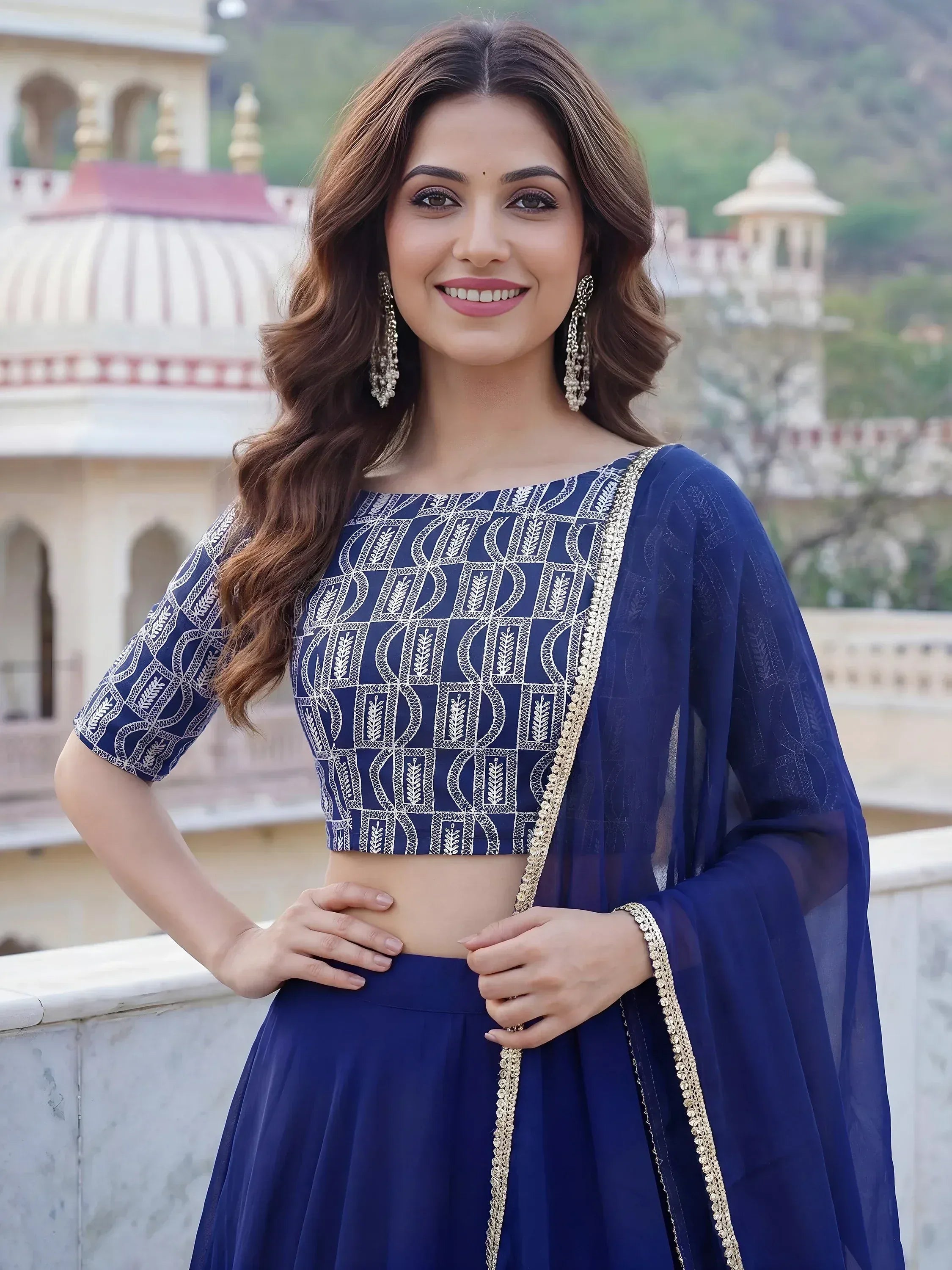 Tulsi Art Wonderful Royal Blue Embroidered Georgette Festive Wear Lehenga Choli | Grocsy