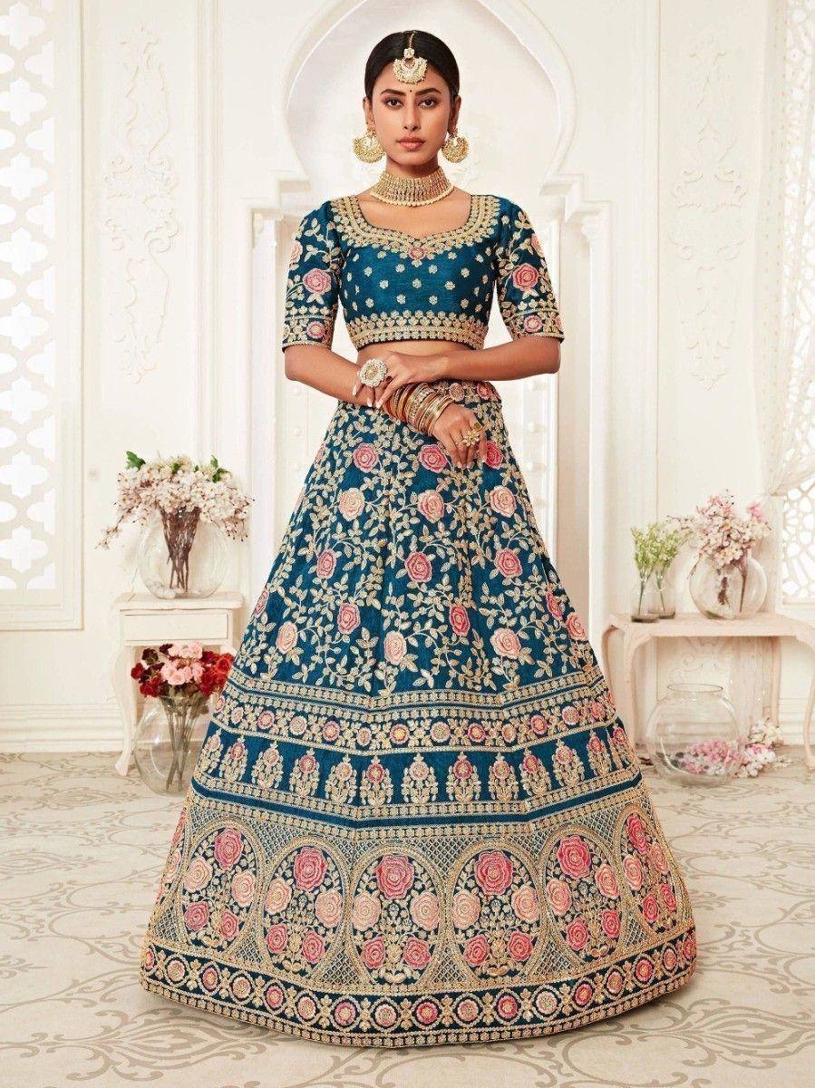 Tulsi Art Blue Rose Embroidered Silk Bridal Lehenga Choli | Grocsy