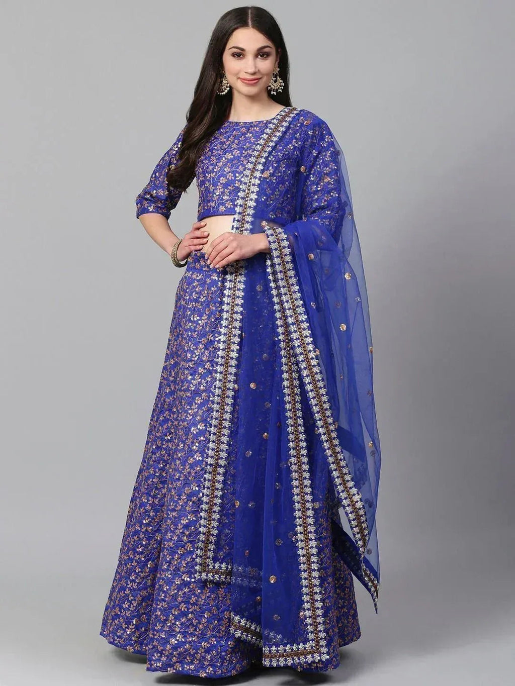 Tulsi Art Blue & Golden Semi-Stitched Myntra Party Wear Lehenga & Unstitched Blouse With Dupatta | Grocsy