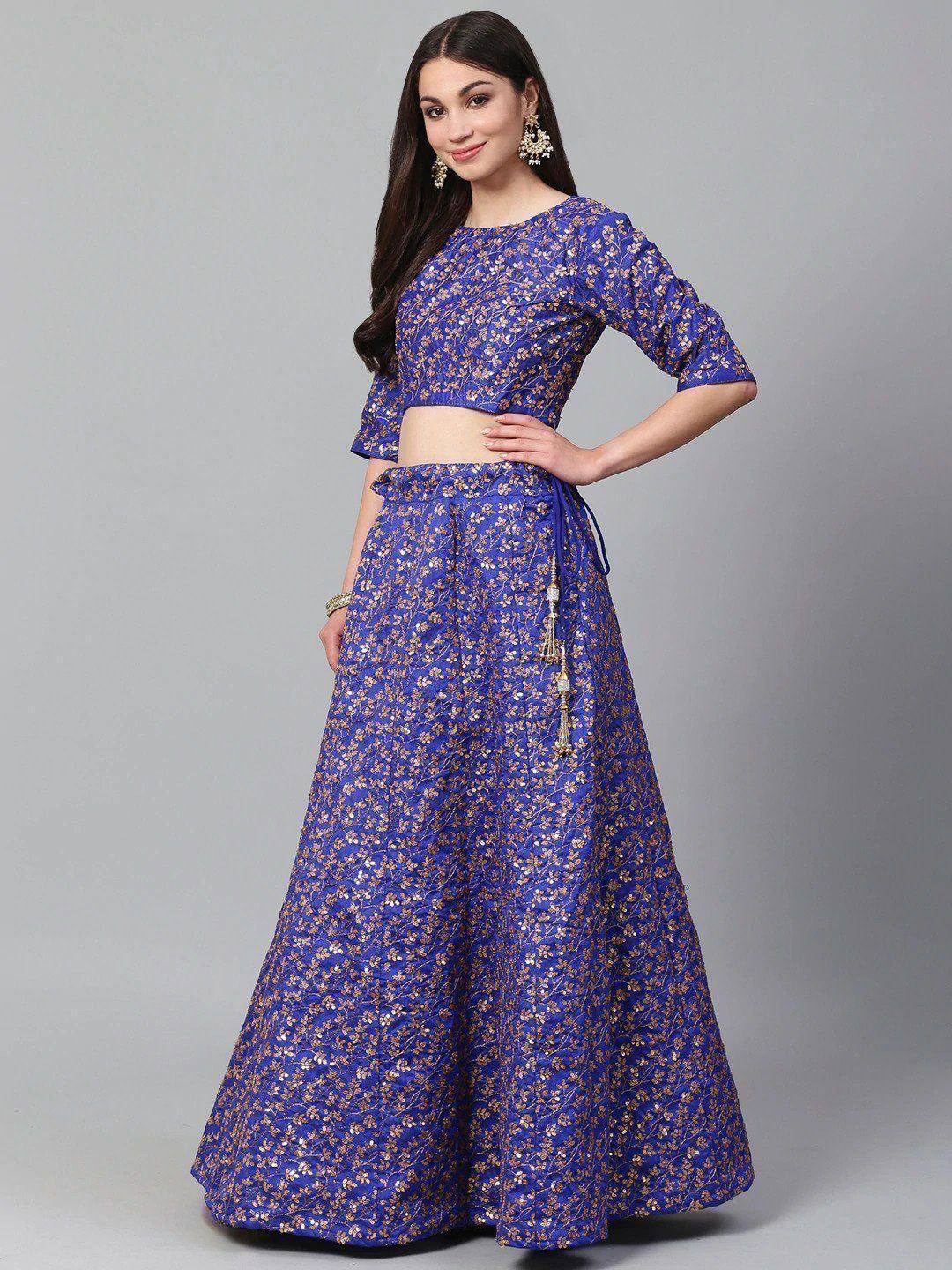 Tulsi Art Blue & Golden Semi-Stitched Myntra Party Wear Lehenga & Unstitched Blouse With Dupatta | Grocsy