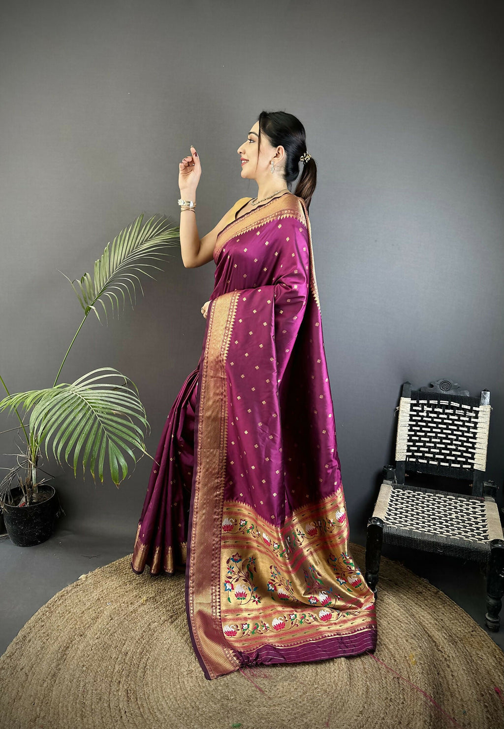 Joban Fashion Wine Butti Woven Soft Lichi Silk Paithani Saree | Grocsy