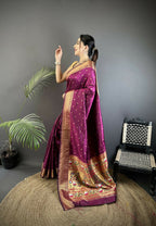Joban Fashion Wine Butti Woven Soft Lichi Silk Paithani Saree | Grocsy