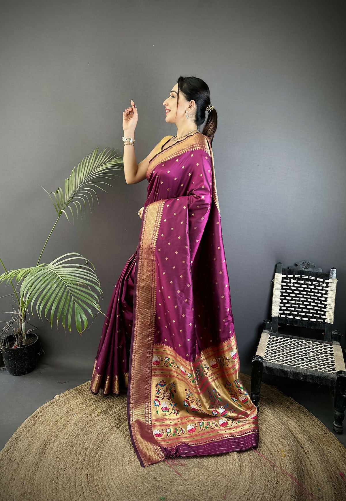 Joban Fashion Wine Butti Woven Soft Lichi Silk Paithani Saree | Grocsy