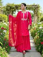 The52 Women's Gorgeous Embroidery Work Viscose Silk Fabric Straight Kurta Palazzo and Dupatta Set-Red | Grocsy
