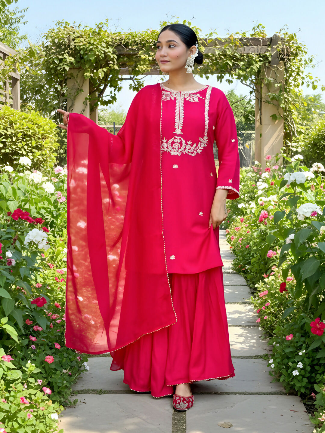 The52 Women's Gorgeous Embroidery Work Viscose Silk Fabric Straight Kurta Palazzo and Dupatta Set-Red | Grocsy