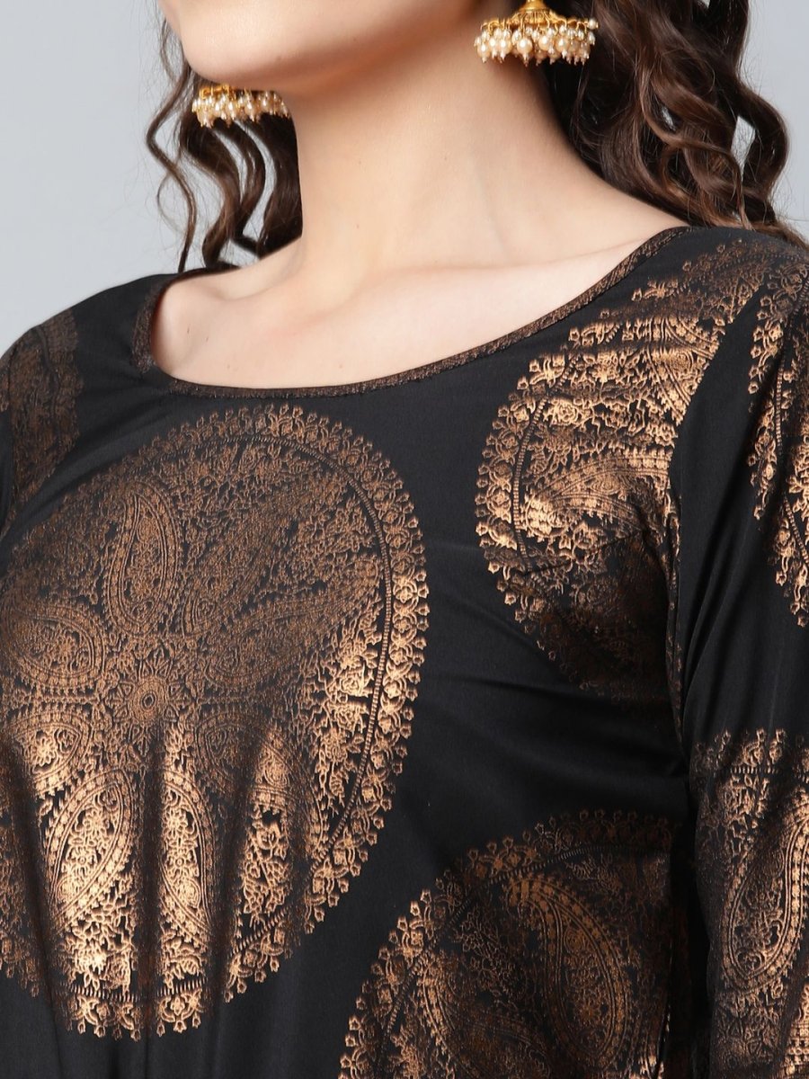 Ahalyaa Black Crepe Copper Foil Printed Jumpsuit | Grocsy