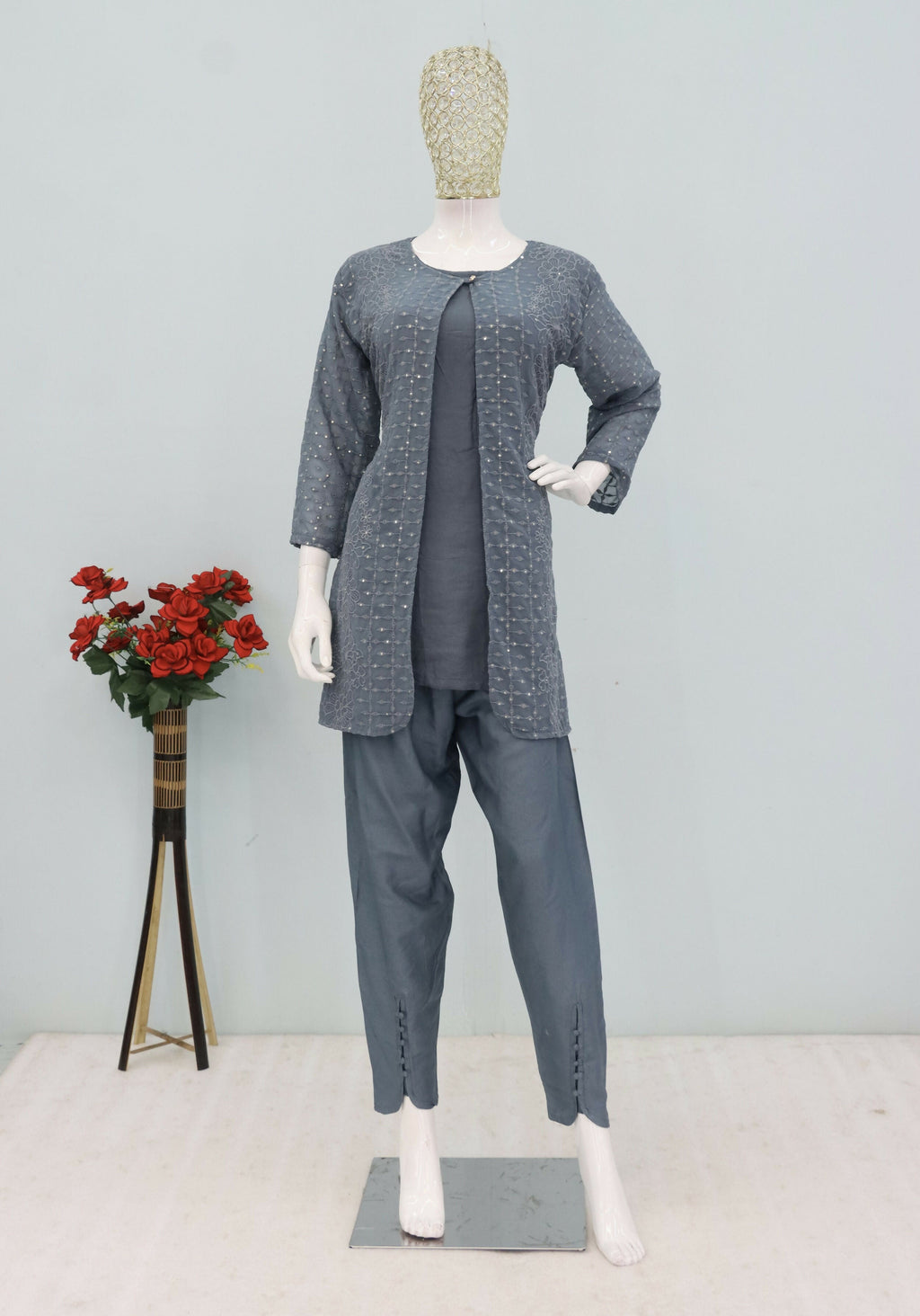 Teeya Creation Grey Color Faux Georgette Party Wear Designer Co Ord Set | Grocsy