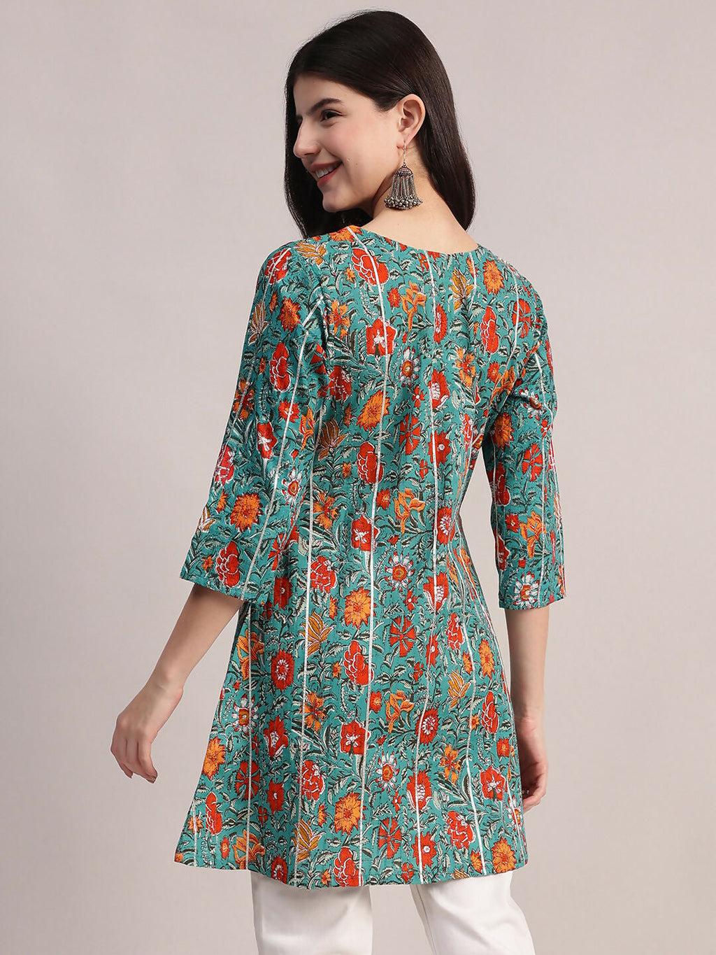 Aavyora Women's Teal Green Cotton A-Line Tunic with Red Floral Print and All-Over Pintuck Details | Grocsy