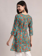 Aavyora Women's Teal Green Cotton A-Line Tunic with Red Floral Print and All-Over Pintuck Details | Grocsy