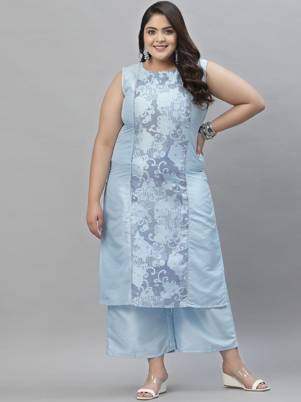 Sztori Plus Size Printed Gotta Patti Straight Kurta with Palazzos | Grocsy