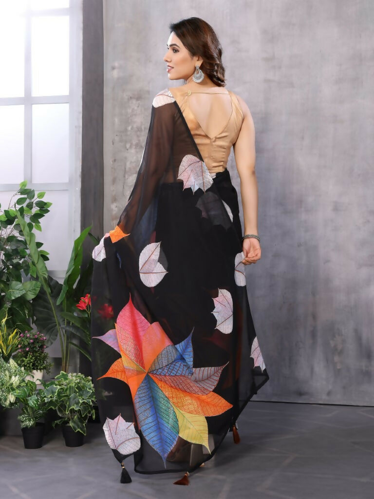 Partywear Designer Black Georgette Fancy Saree - Satrangi | Grocsy
