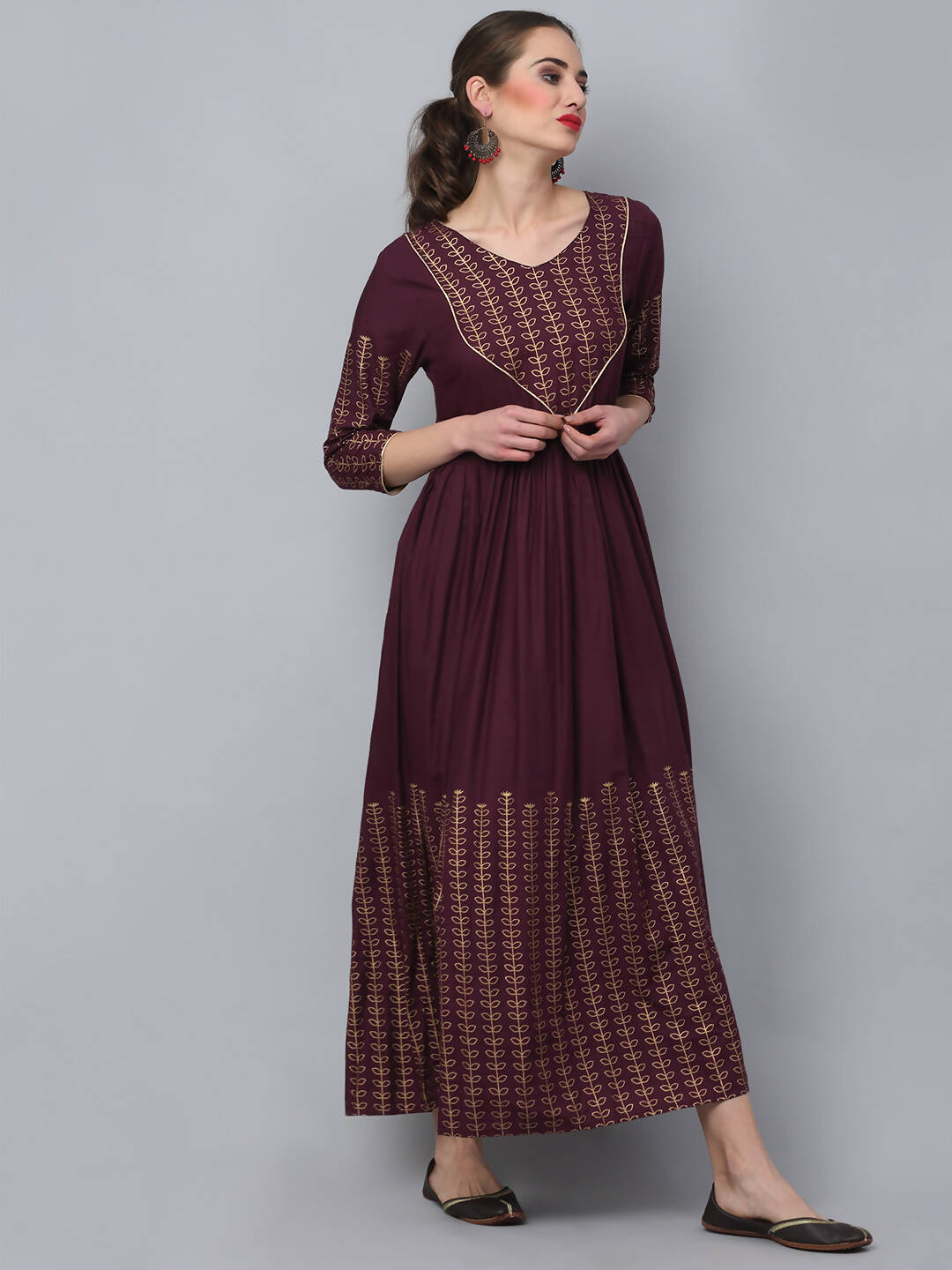 Rudra Bazaar Gold Printed A-Line Flared Brown Kurti | Grocsy