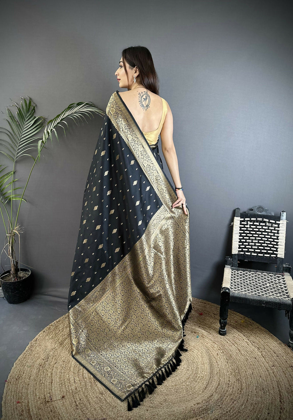 Joban Fashion Black Zari Weaving Motif Lichi Silk Banarasi Silk Saree | Grocsy