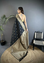Joban Fashion Black Zari Weaving Motif Lichi Silk Banarasi Silk Saree | Grocsy