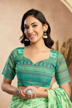 Vastranavya Mint Green Digital Printed Linen Ready To Wear Designer Saree with Unstitched Blouse | Grocsy