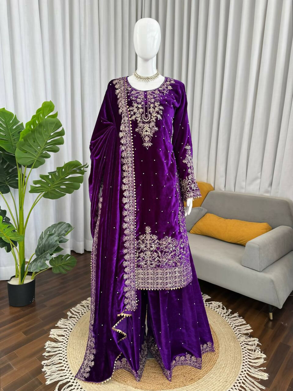 Vastranavya Purple Viscose Velvet Cording Sequence With Moti Work Top-Bottom With Dupatta | Grocsy