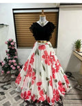 Dishitha Creation Floral Printed Stitched Lehenga & Crop Top - Black & White | Grocsy