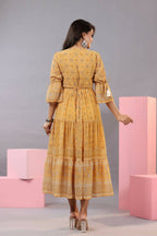 Juniper Women Yellow Georgette Geometric Printed Tiered Maxi Dress | Grocsy