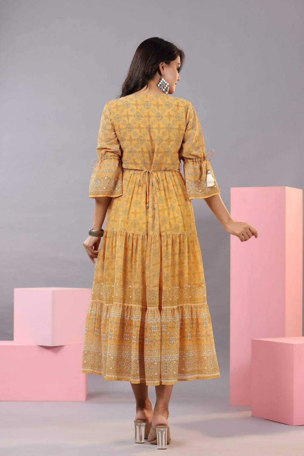 Juniper Women Yellow Georgette Geometric Printed Tiered Maxi Dress | Grocsy