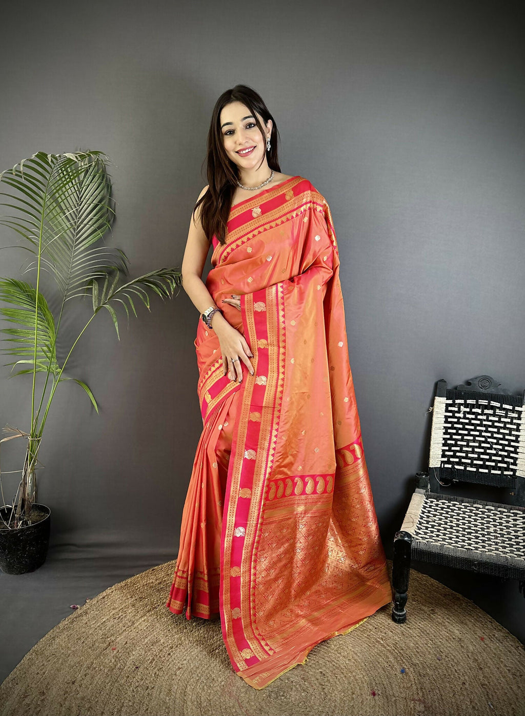 Joban Fashion Peach Banarasi Soft Silk Woven Saree | Grocsy