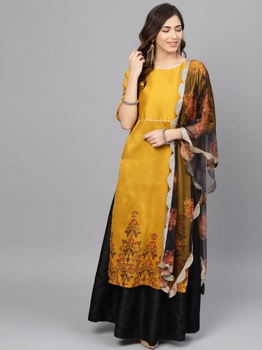 Ahalyaa Women's Mustard Poly Silk Printed Kurta Skirt Set With Dupatta | Grocsy
