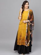 Ahalyaa Women's Mustard Poly Silk Printed Kurta Skirt Set With Dupatta | Grocsy