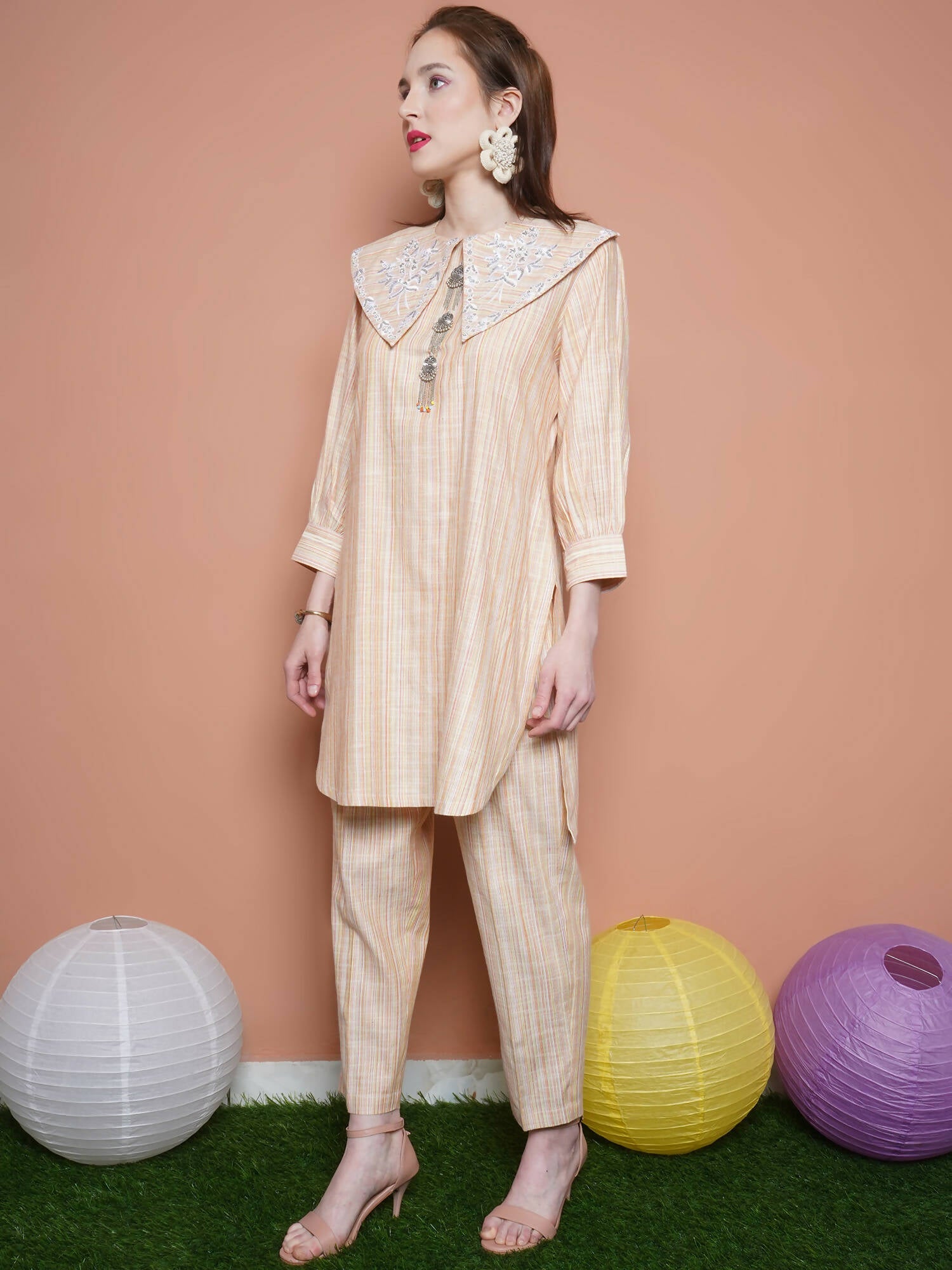 Women Republic Beige Striped Kurta Set | Grocsy
