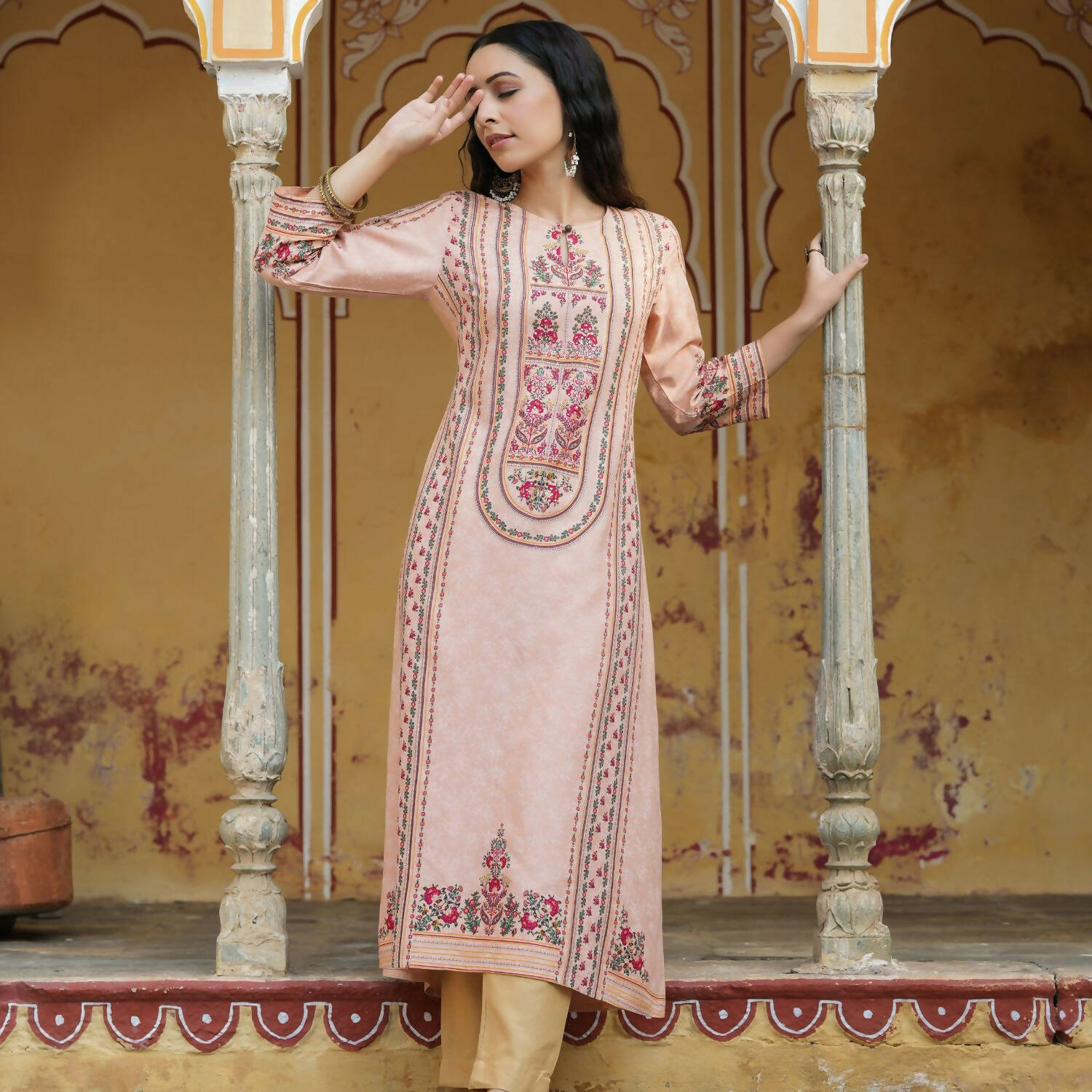 Juniper Women's Peach Rayon Staple Printed A-Line Kurta | Grocsy
