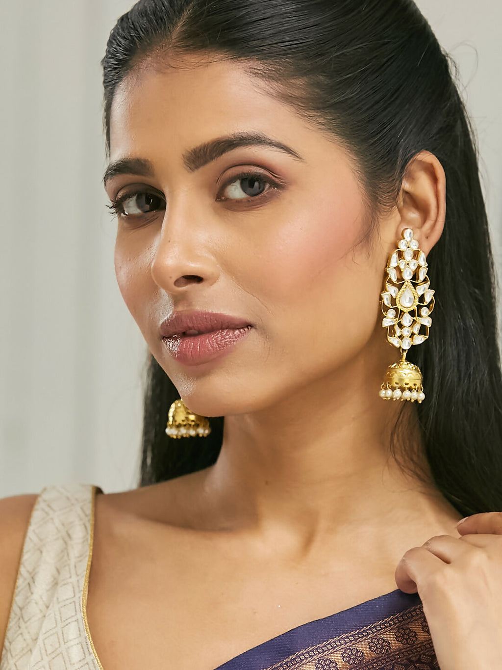 Nuyug 22K Gold-Plated Regal Kundan Stone Studded & Pearl Drop Jhumkas | Grocsy