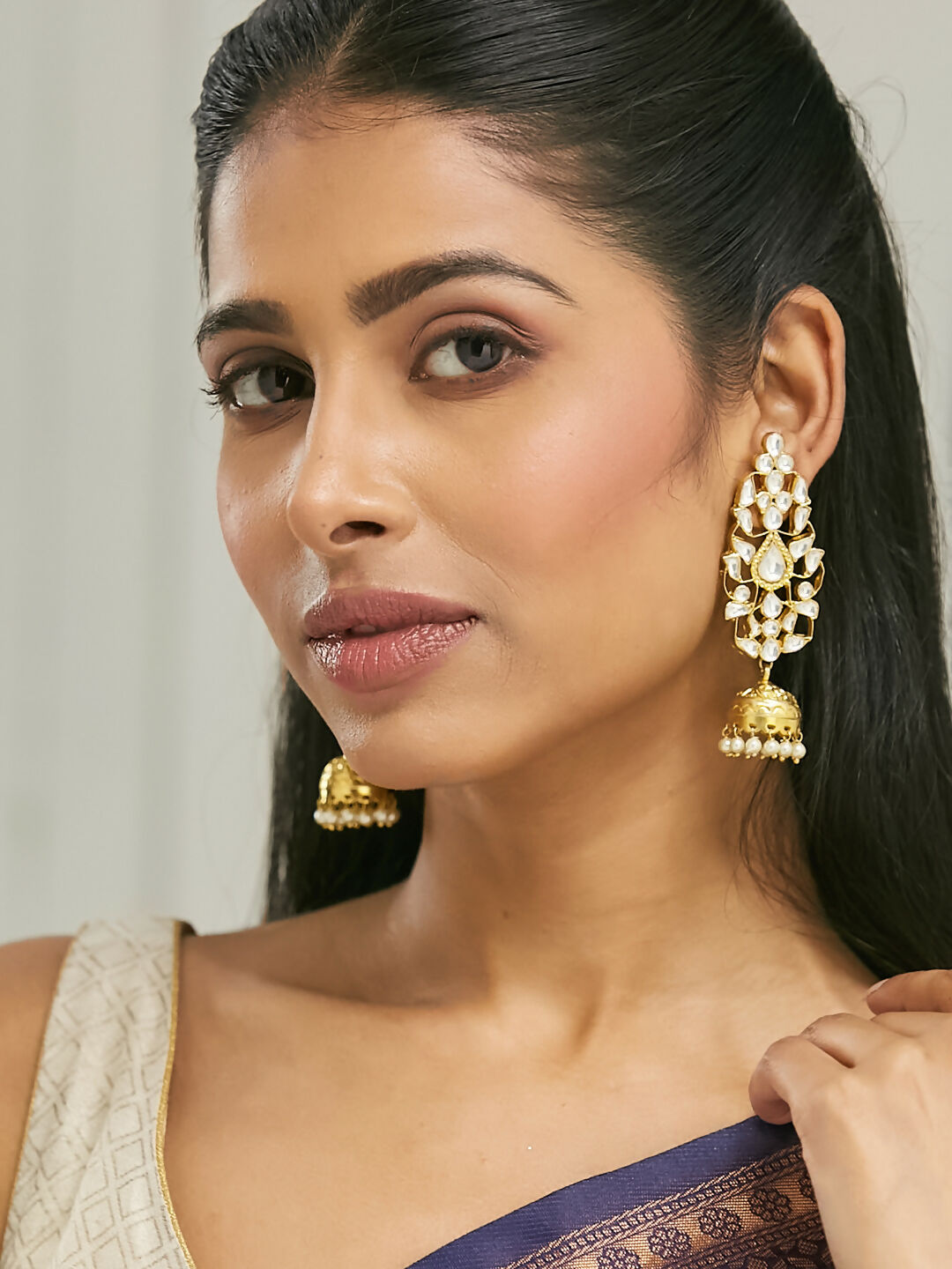 Nuyug 22K Gold-Plated Regal Kundan Stone Studded & Pearl Drop Jhumkas | Grocsy